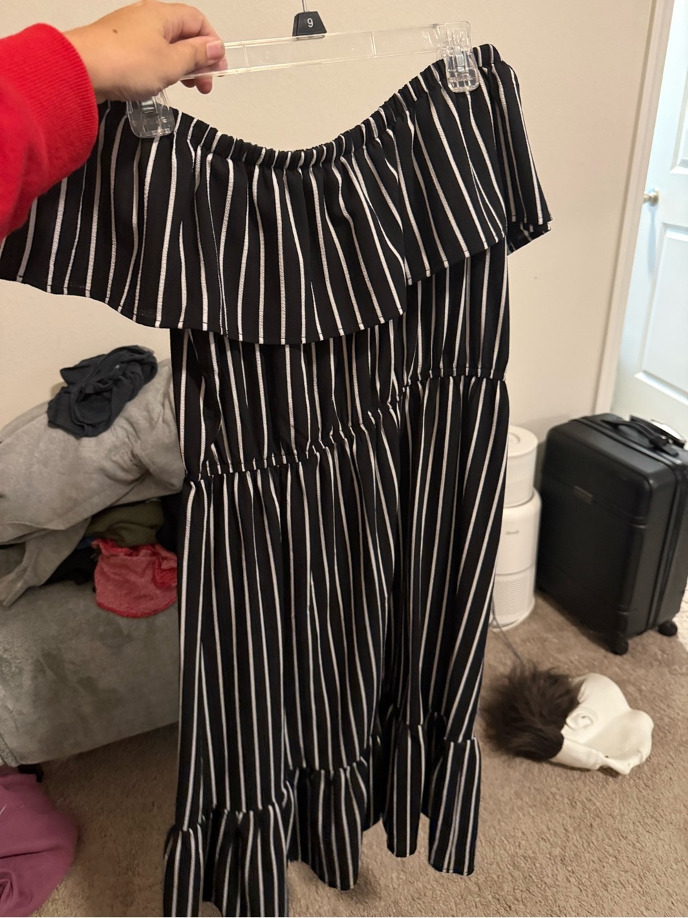 C Black and White One-Shoulder Ruffled Midi Dress